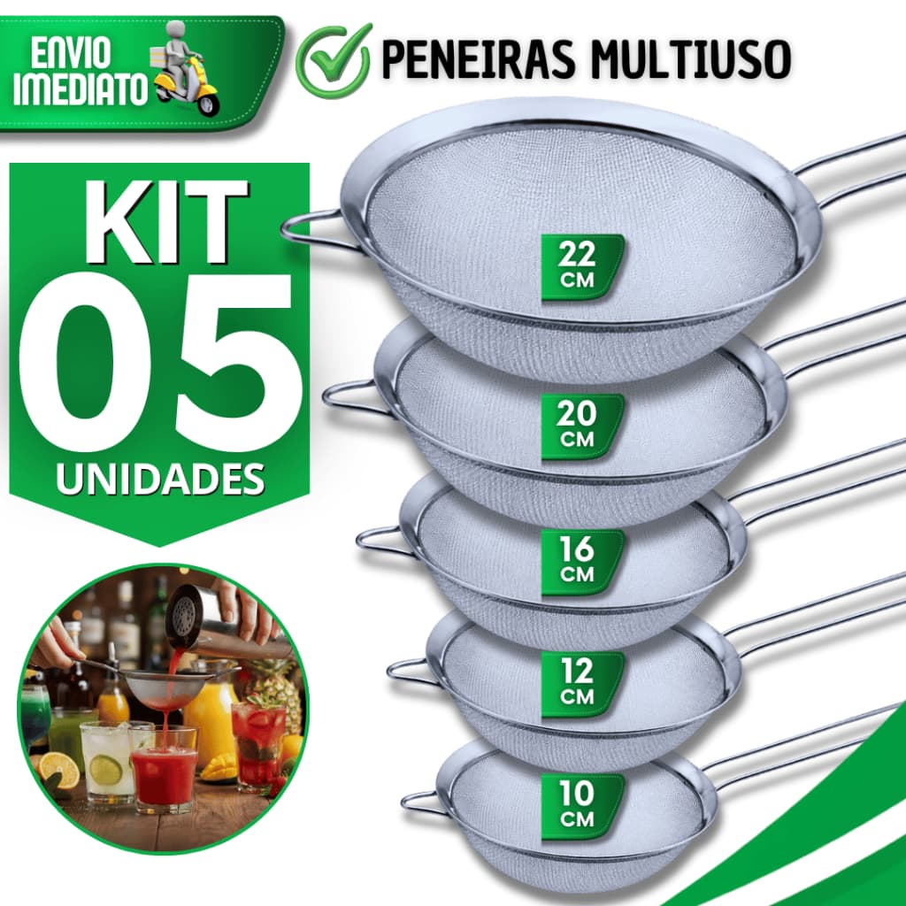 Kit Peneira Aço Inox Profissional 22,20,16,12,10cm Reforçada Coador Farinha Confeitaria Utensílios