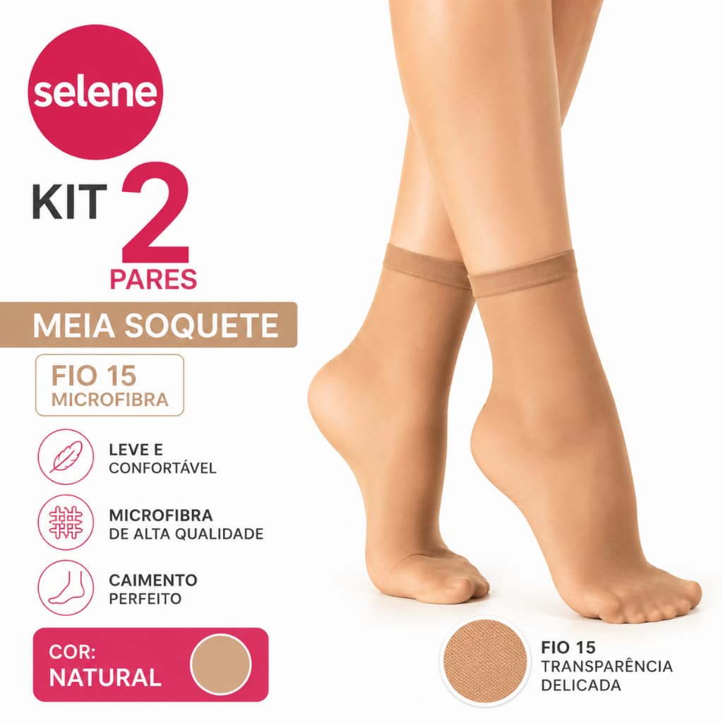 kit 2 pares Meia Soquete Feminina Selene Fio 15 Microfibra Natural Cor da Pele Confortável e Leve