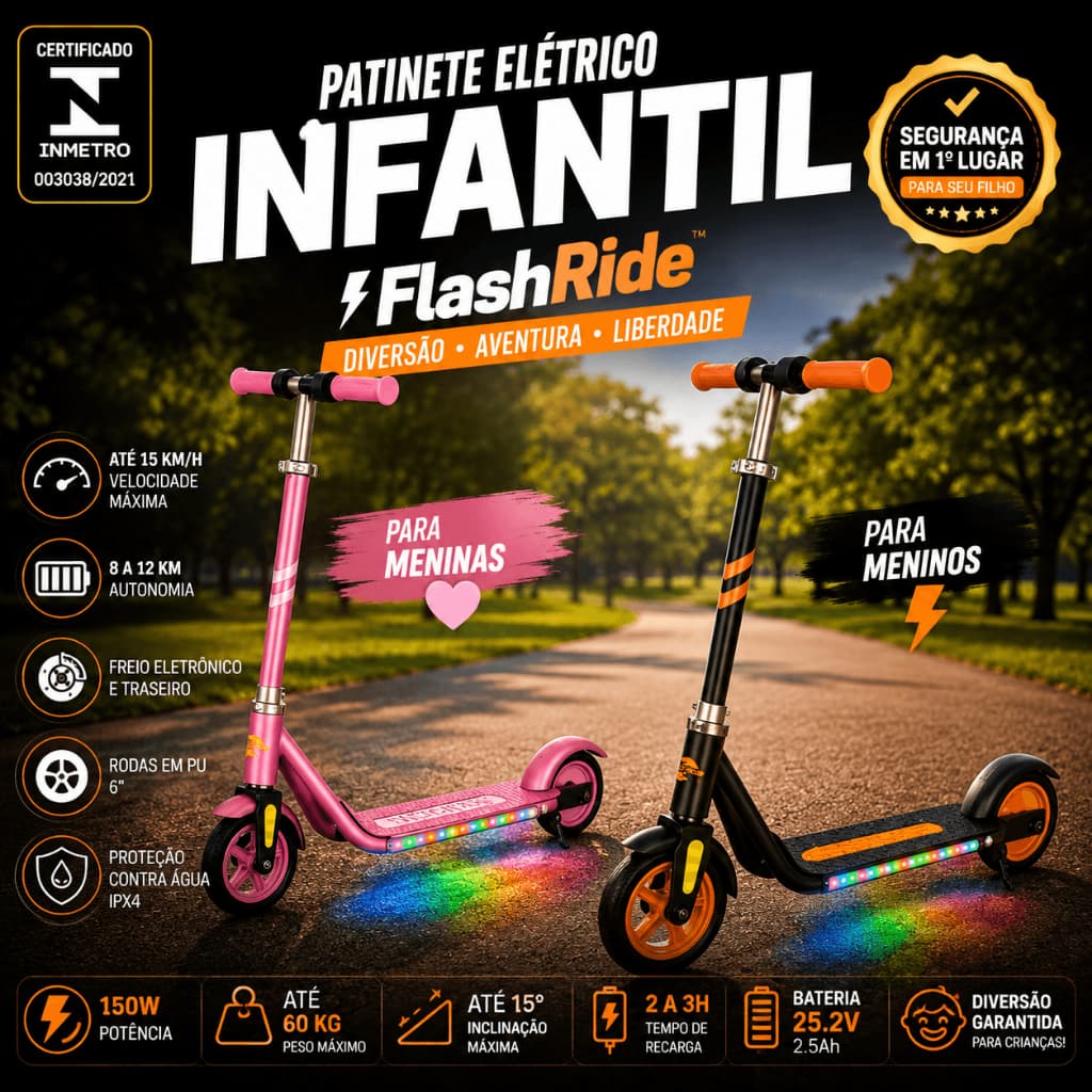 Patinete Elétrico Infantil Portátil Preto Menino / Rosa Menina  Resistente Seguro Laranja Luminoso