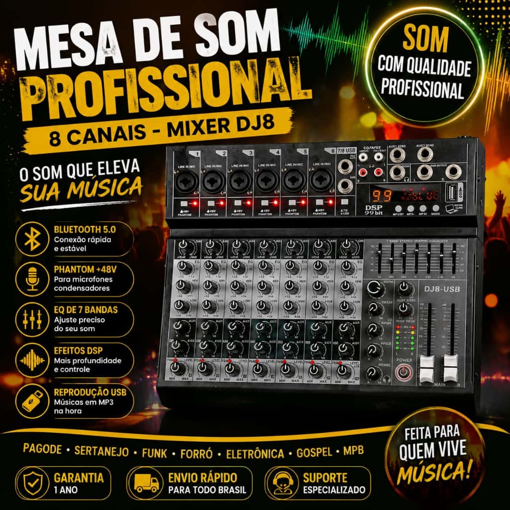 Mesa de Som Profissional MOREFAND DJ 4/6/8 Canais 99 DSP Bluetooth 5.0 Phantom 48V EQ 7 Bandas USB Gravação Lives