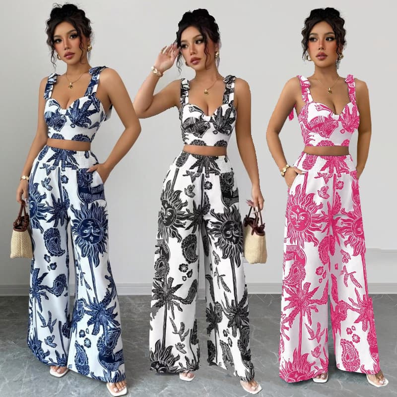 Conjunto Feminino Estampado Floral Verão Calça Pantalona Moda Praia e Casual Estilo Boho Chic