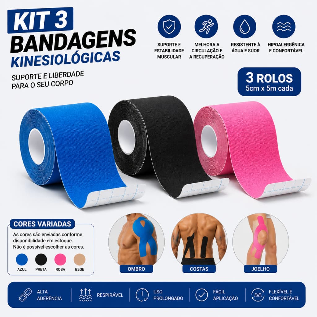 KIT 3 BANDAGENS VARIADAS FISIOTERAPIA ALIVIO DE DOR MUSCULAR PREVENÇÃO DE LESÕES CROSSFIT AUTOCOLANTE