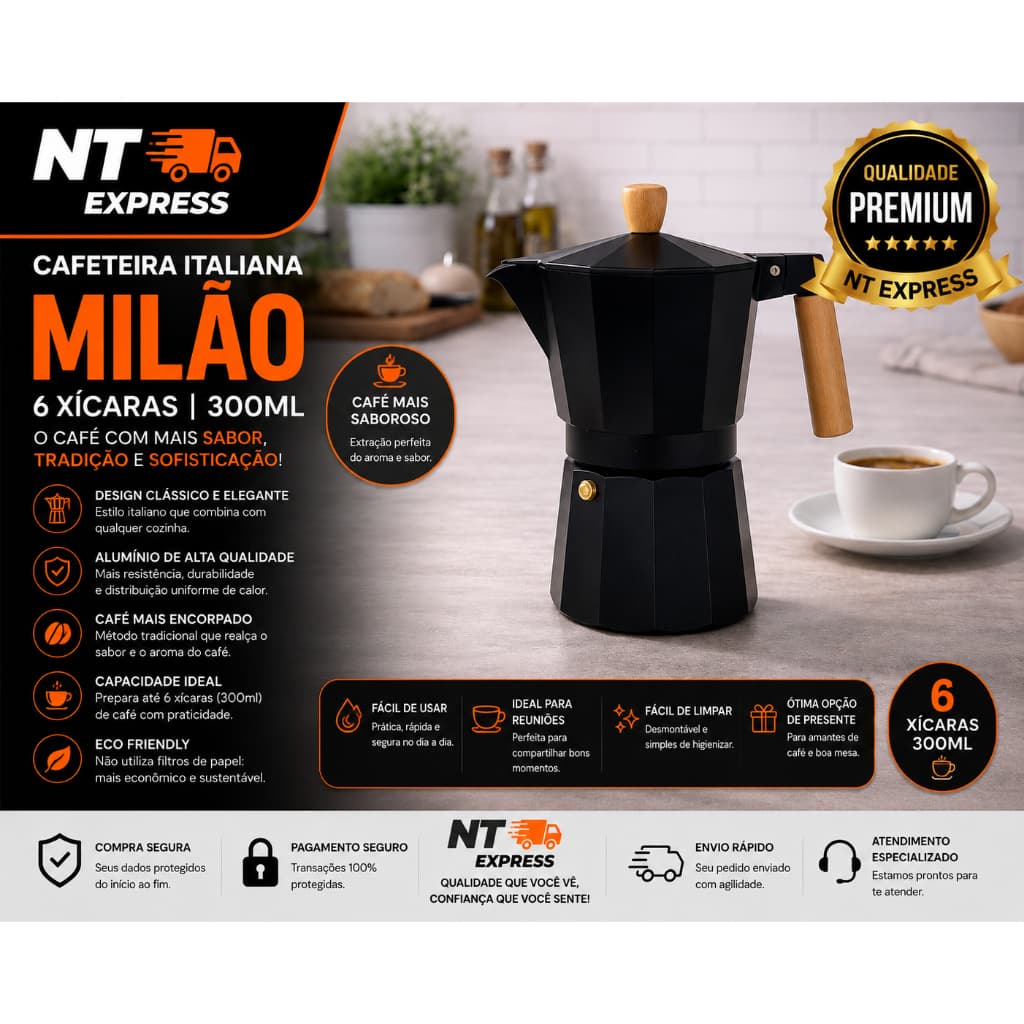 Cafeteira Italiana Milao 6 Xicaras 300ml Capacidade Sortida Cafe Expresso Tradicional Pratica