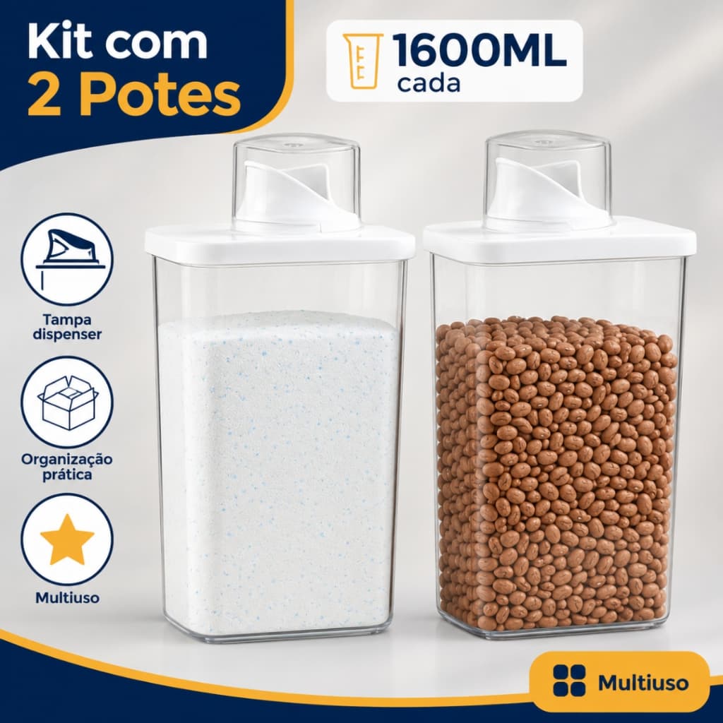 Kit 2 Pote Hermético Acrílico Multiuso Com Copo Medidor 1600ml