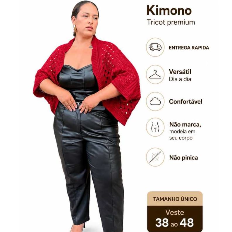 KIMONO CAPA PLUS SIZE 48 RENDADO TRICOT ELEGANTE INVERNO DIA A DIA CONFORTAVEL