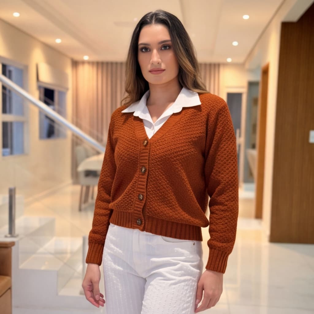 Cardigan Feminino Tricot Texturizado Terracota Manga Longa