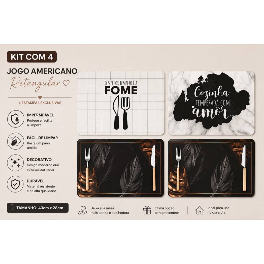 Kit com 4 Jogos Americanos Retangulares Impermeáveis | Jantar para Mesa Posta, Descanso de Prato - PRONTA ENTREGA