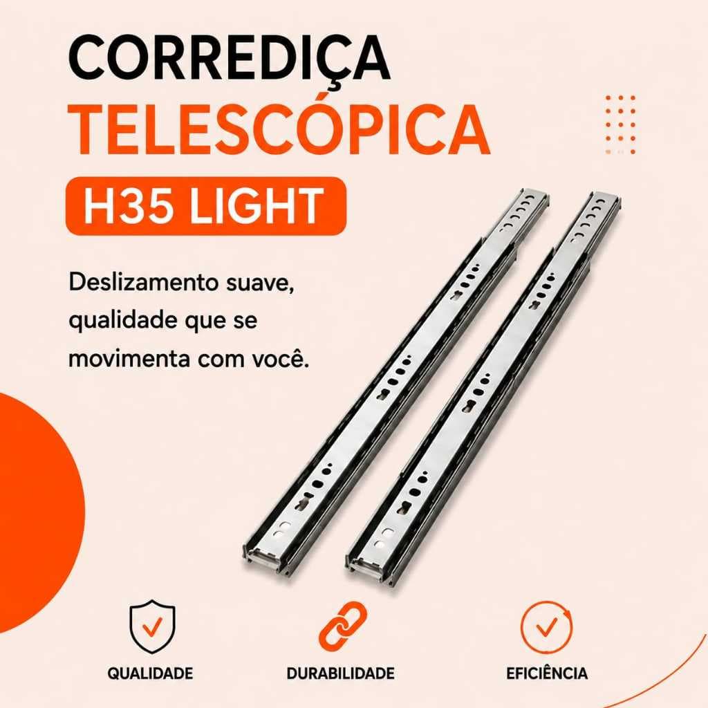 Corrediça Trilho Telescópico Gaveta H35 Light 25cm a 45cm com Parafuso 3,5 x 16