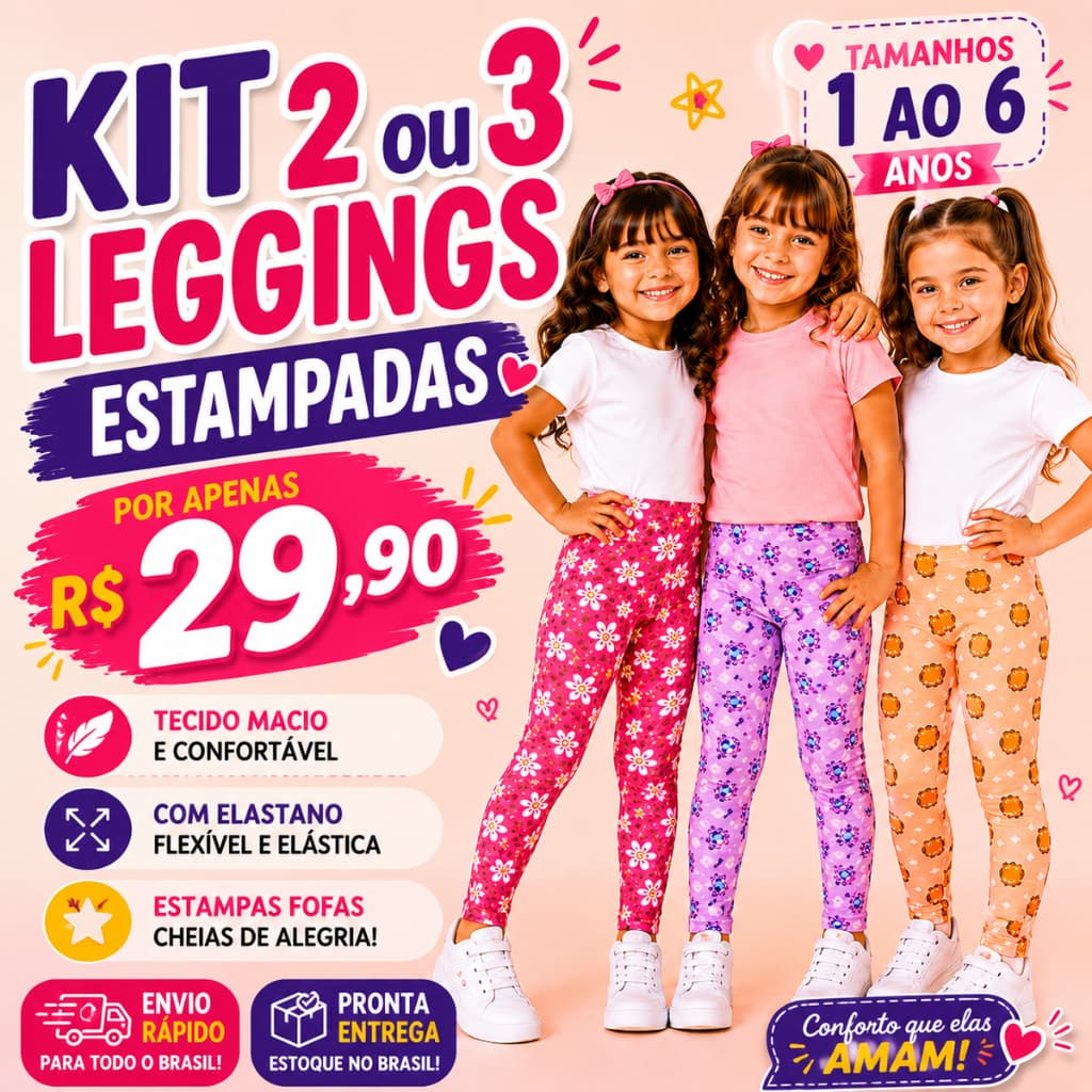 Kit 2 ou 3 Calças Legging Infantil Estampadas Elastano
