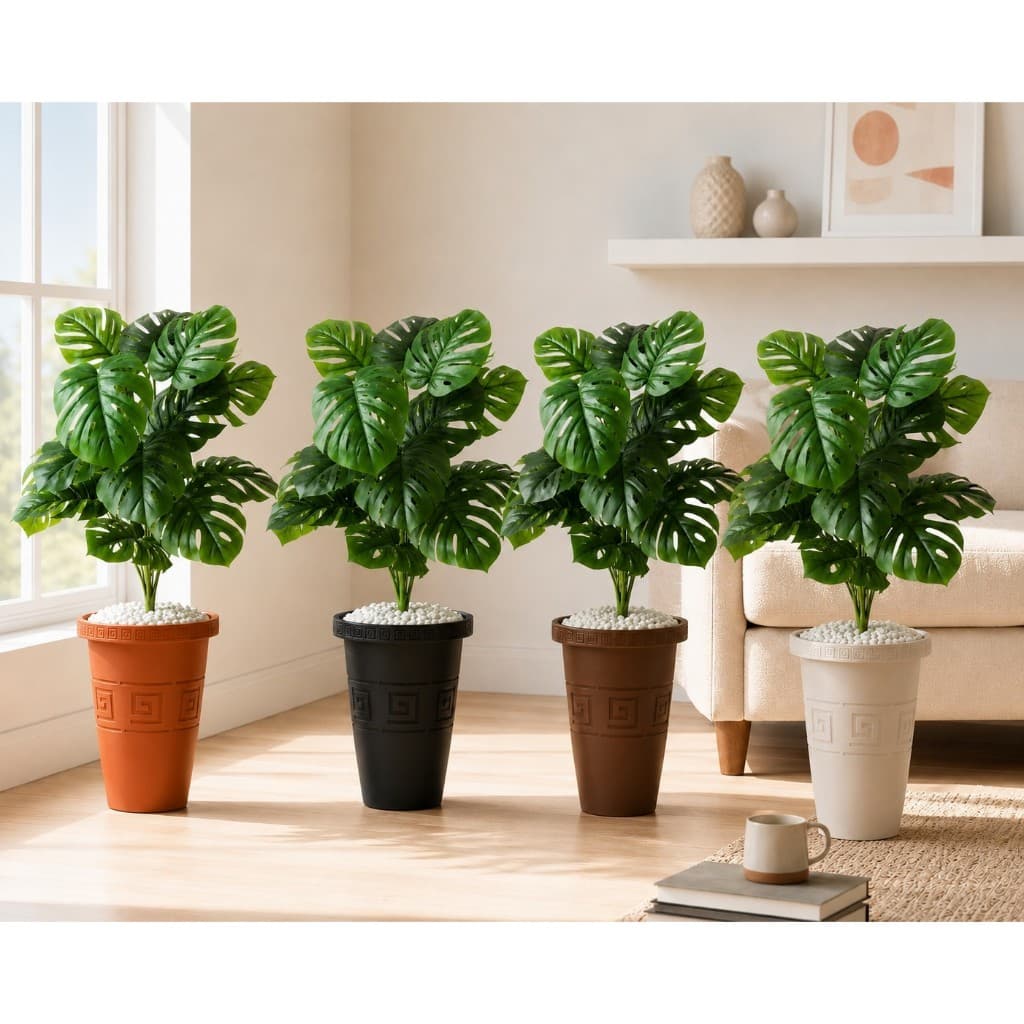 KIT Planta Artificial Grande Costela de Adão Monstera + Vaso Poliproleno Decorativo Enfeite