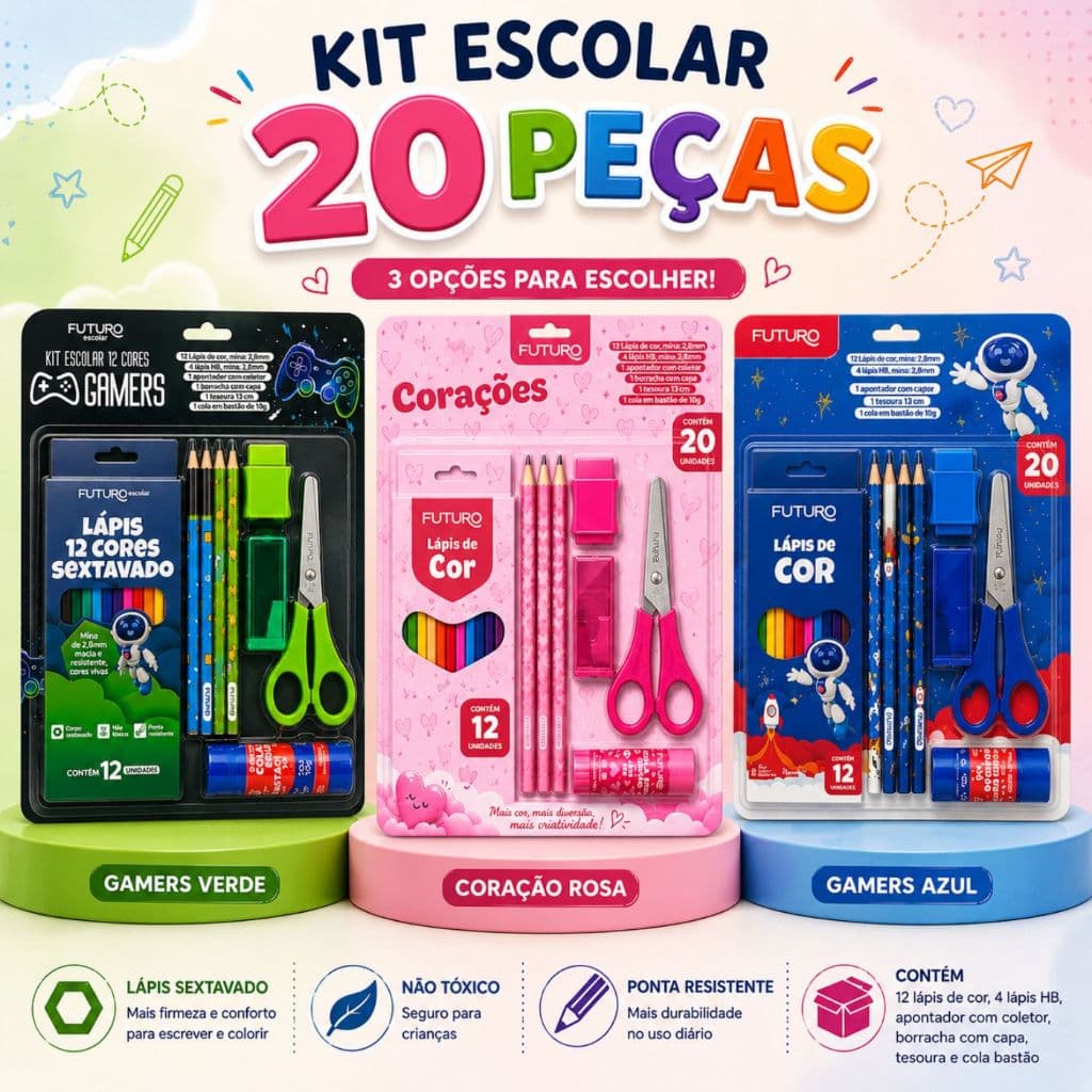 Kit Escolar Infantil Papelaria Completo 20 Peças Material Escolar Feminino e Masculino a Escolher