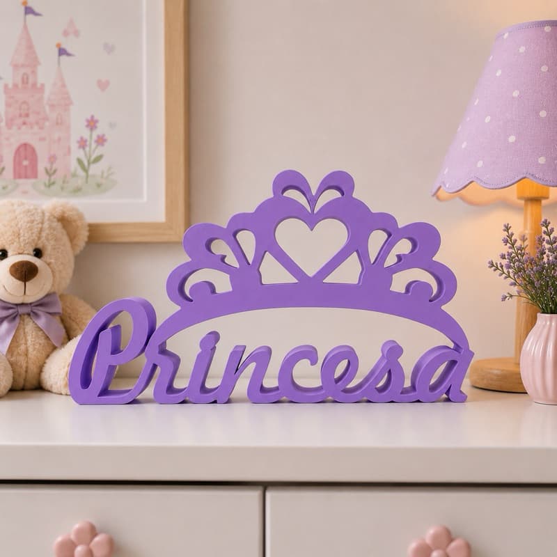 Placa letreiro Princesa coroa meninas Quarto Maternidade Enfeite e Presente Criança Aniversário cômoda Prateleira