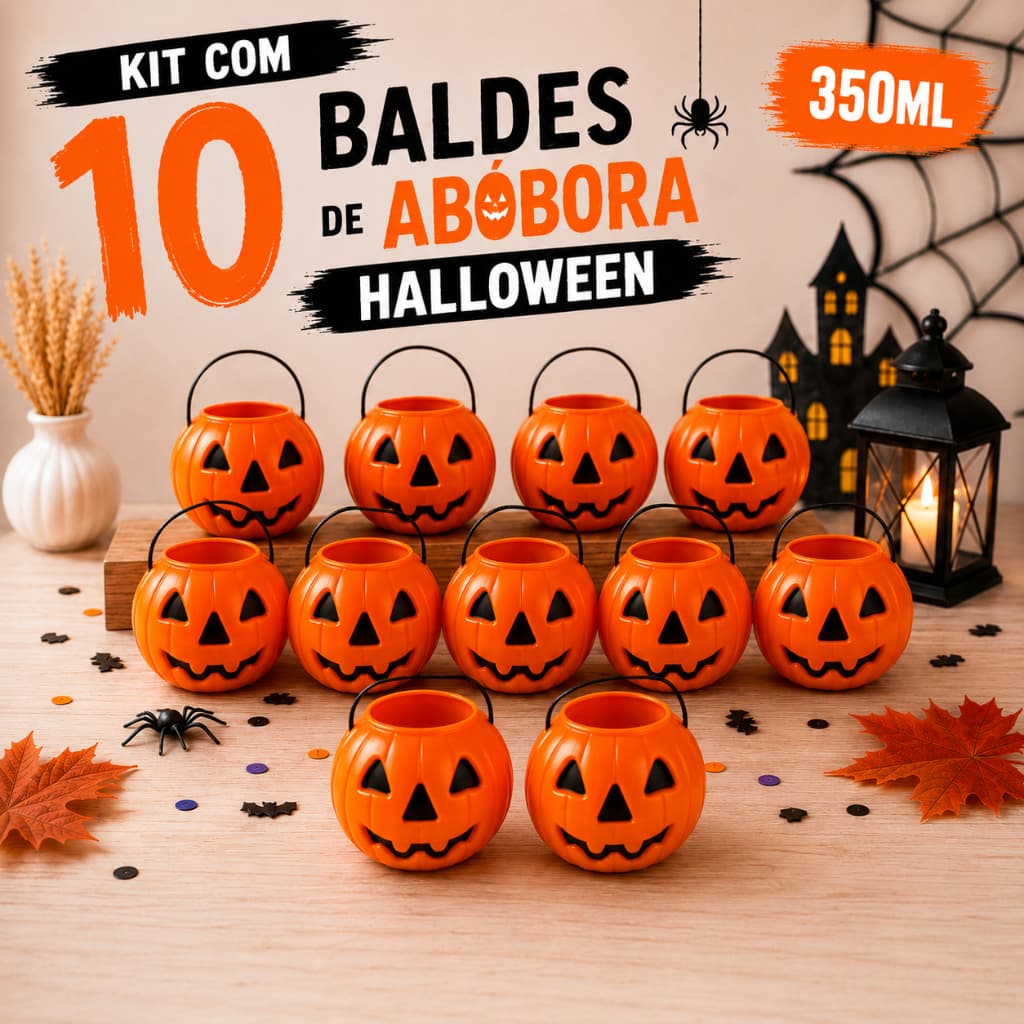 Kit 10 Baldes Abobora Halloween 350ml Com Alca Decoracao Baldes para Doces Travessuras