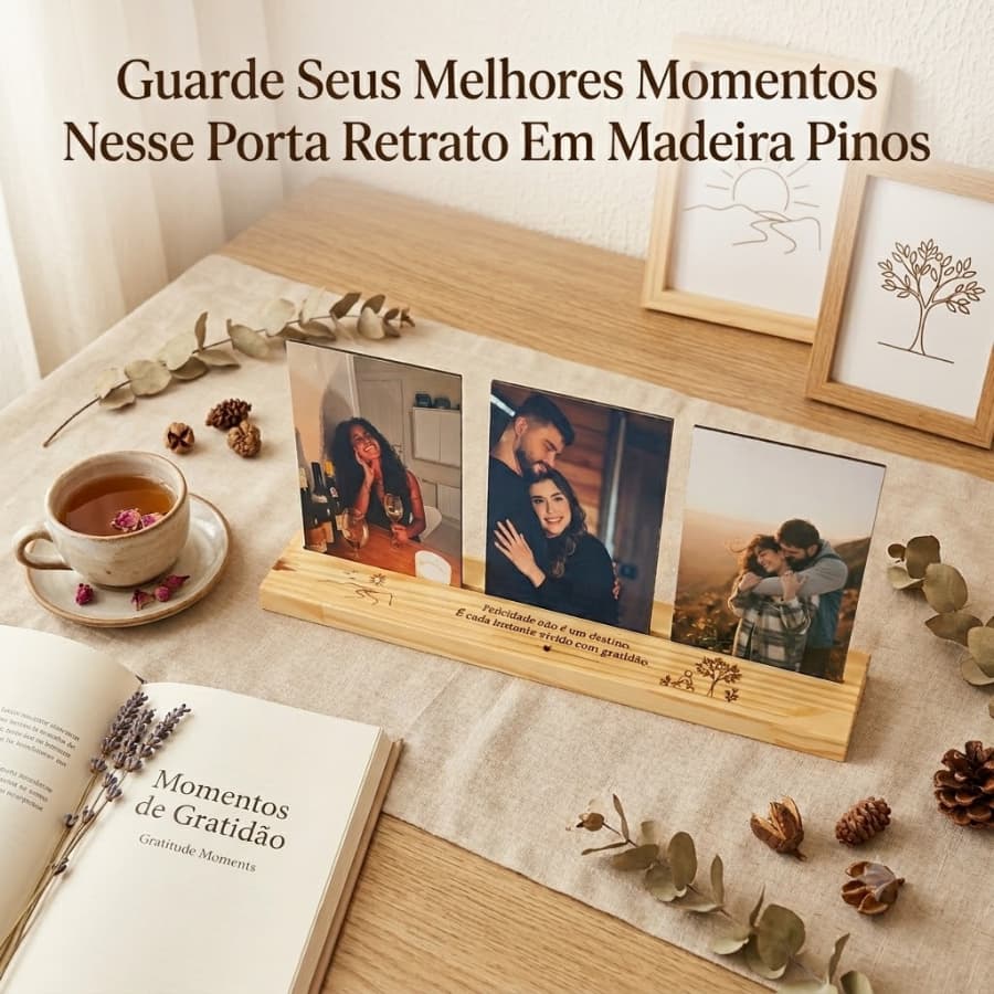 Porta Retrato 3 Fotos Viagem de Casal 10x15 Com Frase Gratidão Decoração Para Sala e Família Porta Retrato 10x15 Em MDF