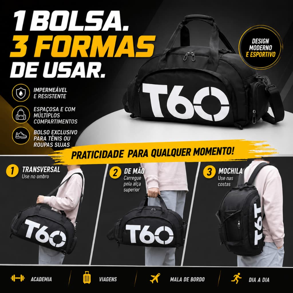 Bolsa Academia Multifuncional Impermeável 3 Em 1 Mochila Transversal Mala De Bordo Grande
