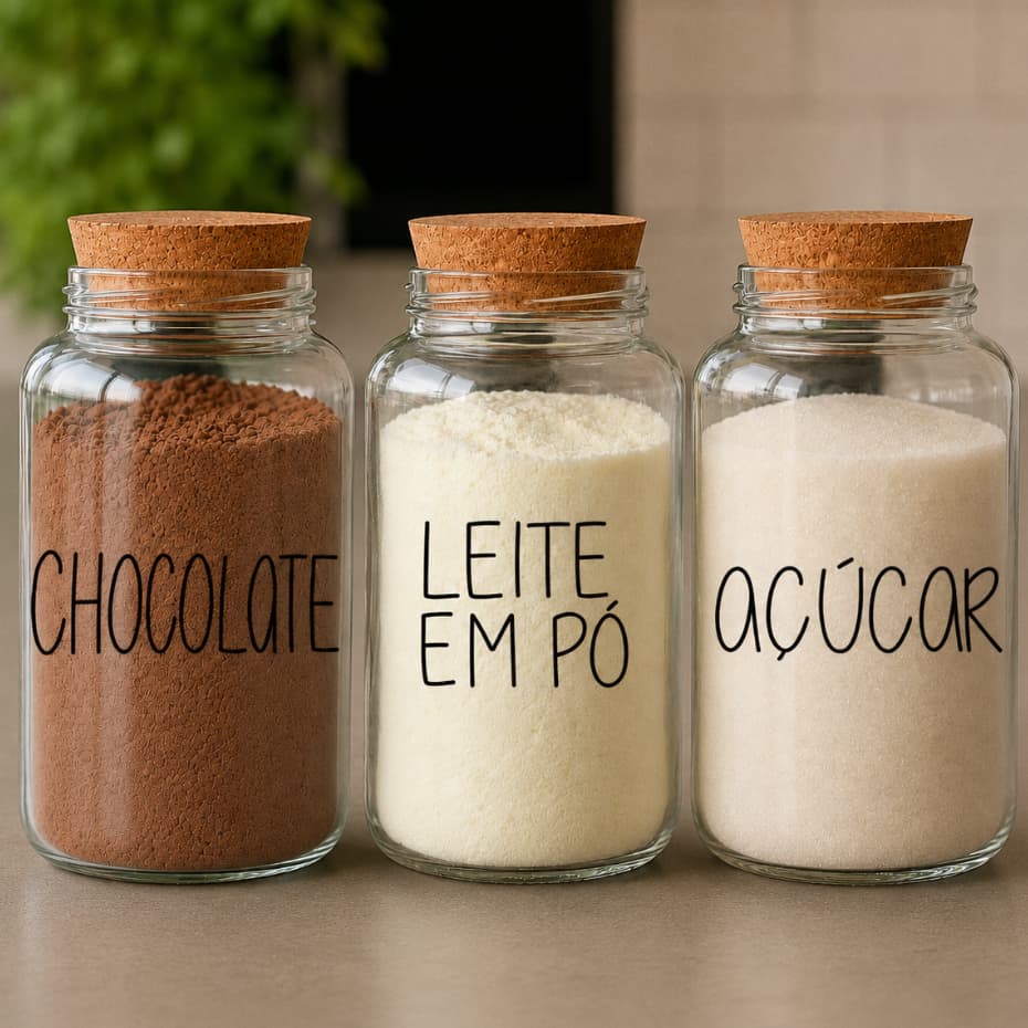 Kit Cantinho do Café 3 Potes de Vidro 810ml | Chocola, Açúcar e Leite em Pó | Tampa de Rolha Cortiça | Porta Mantimentos