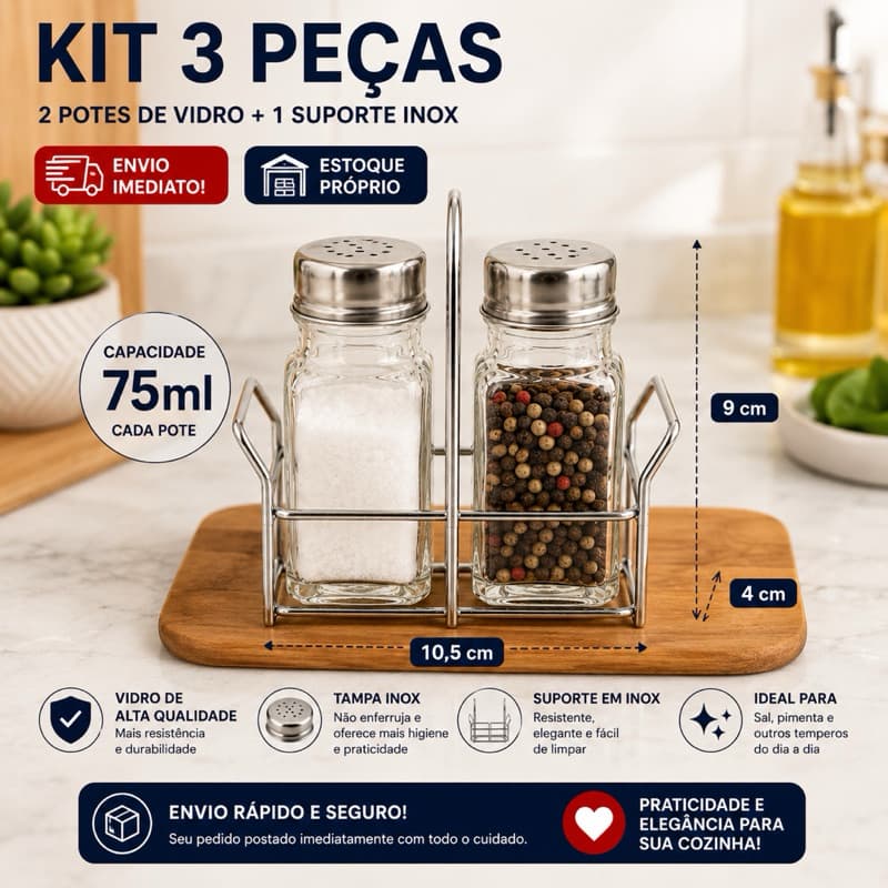 Galheteiro Kit Saleiro Paliteiro de Vidro Grátis Suporte Porta Sal Pimenta Palito Bar Restaurante