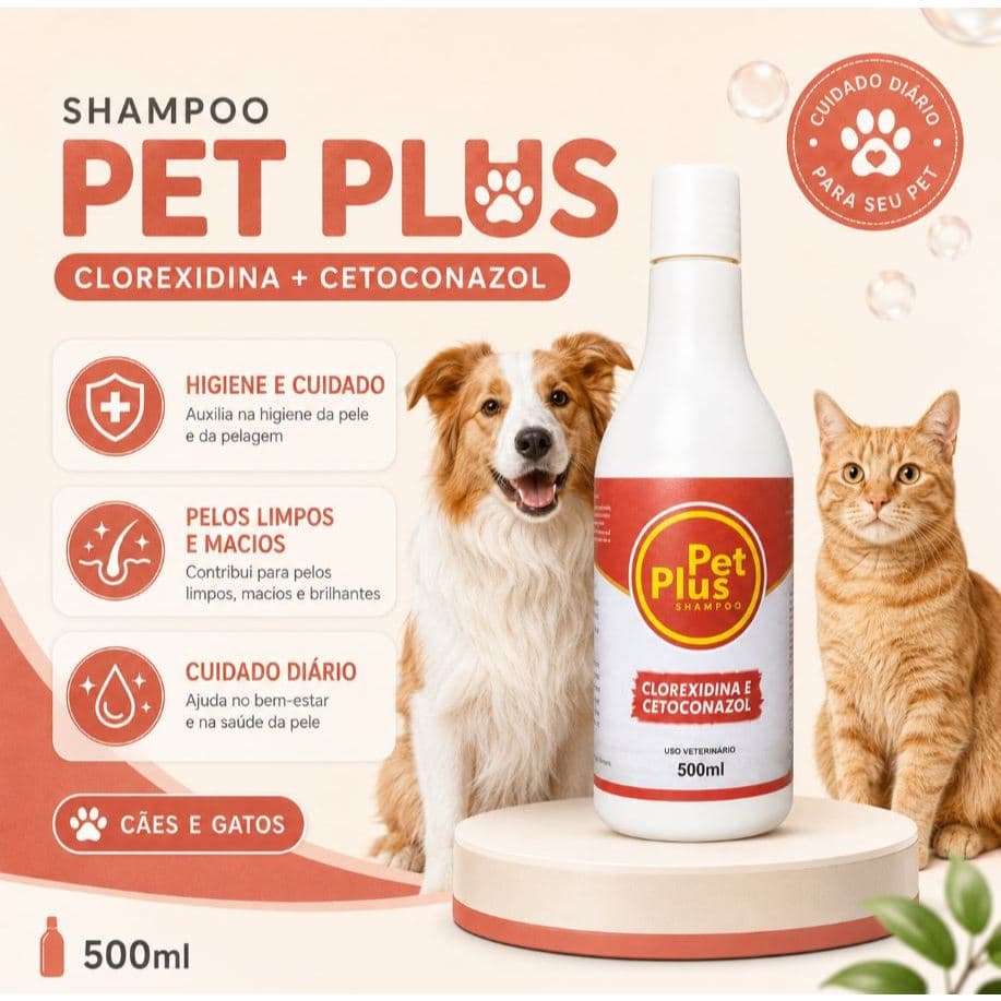 Shampoo Clorexidina e Cetoconazol 500ml Pet Plus  controle de odor e higiene dermatologica