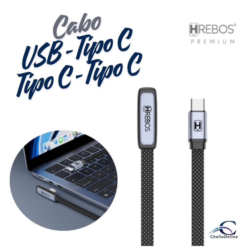 Cabo Hrebos AeriLink Carregamento Rápido 60W/100W | USB Tipo C e Tipo C-Tipo C Reforçado 1m/2m