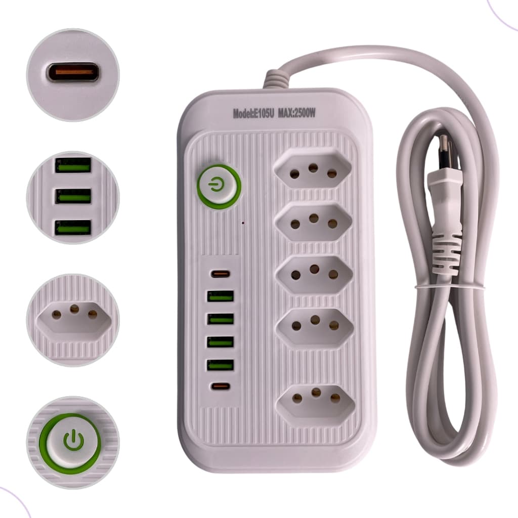 Extensão Régua Adaptador com 2 Metros De Cabo Bivolt Gostey com 5 Tomadas + 6 Usb C + A 10a 2500W