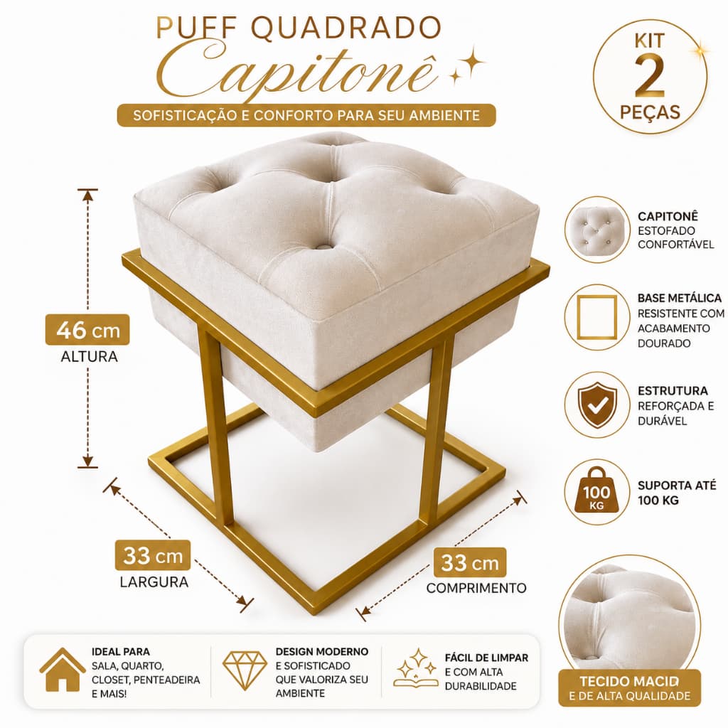 Kit 2 Puff Quadrado Capitonê Base Dourada Luxo Banqueta Decorativa Penteadeira Sala Quarto