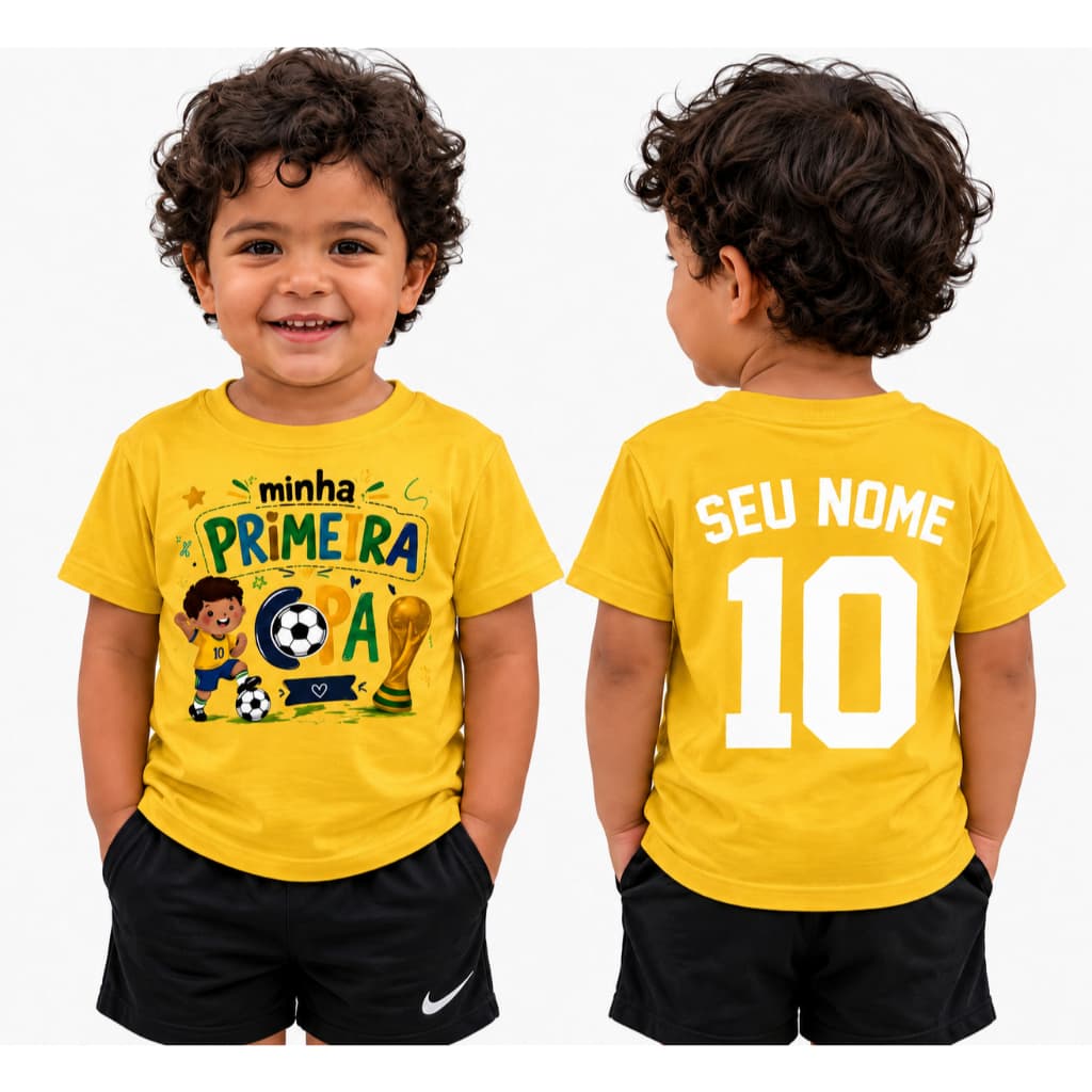 Camiseta Infantil Minha Primeira Copa do Mundo 2026 Personalizada Com Nome Menino Menina