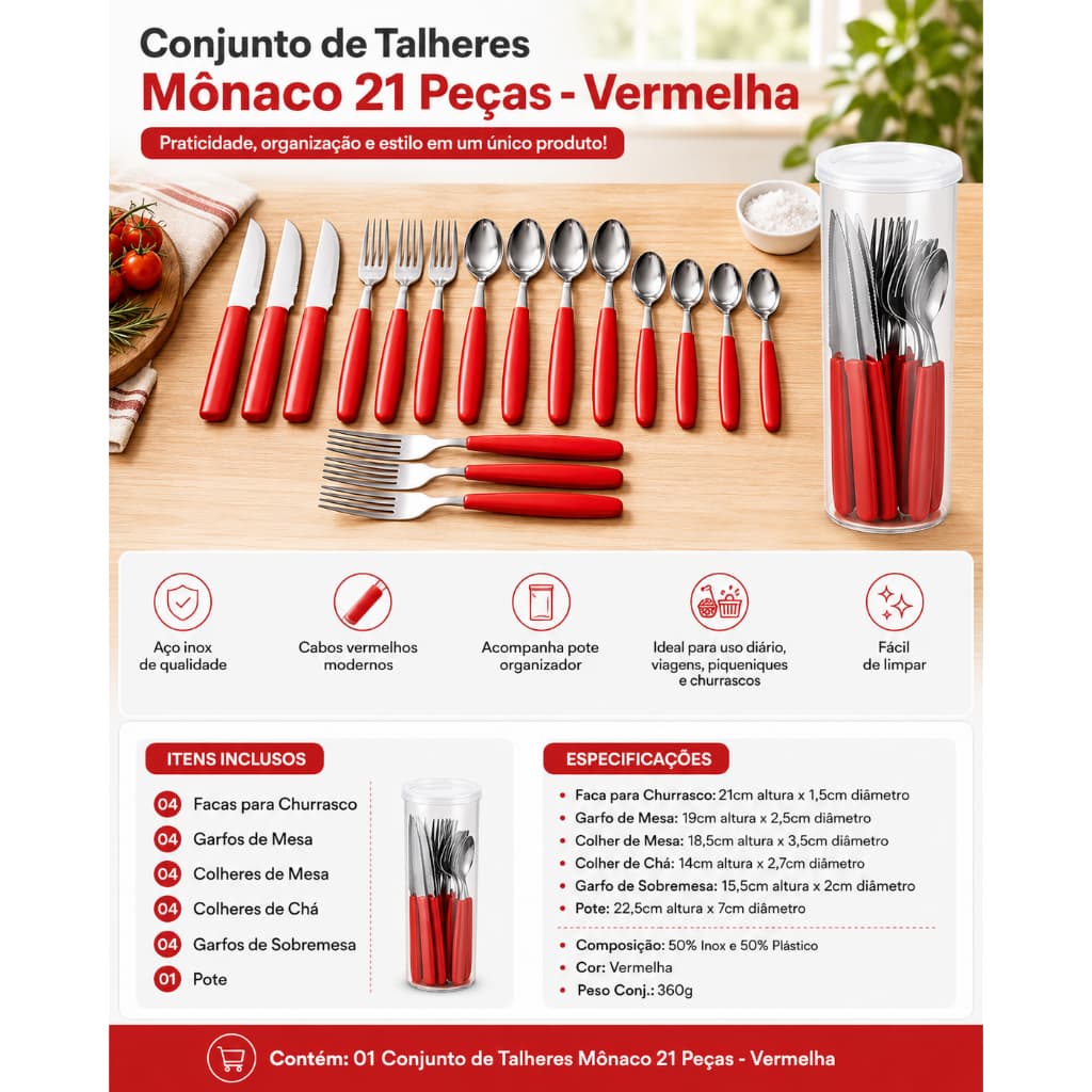 Kit Talheres Inox 21 Peças com Pote Conjunto Organizador Cores Preto ou Vermelho Mesa Posta