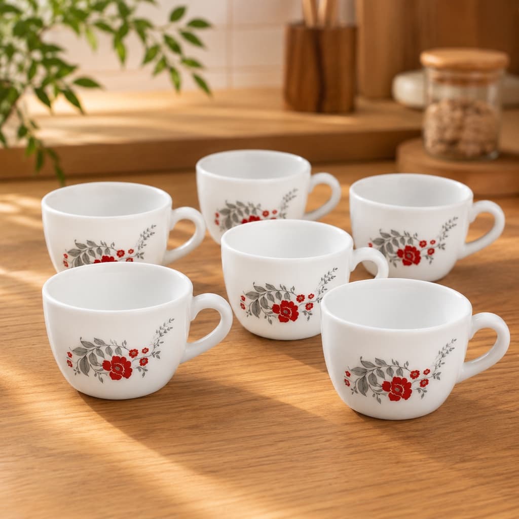 Jogo 6 Xícaras Vidro Opalino 130ml Brancas Floral Café Chá Capuccino Mesa Posta Ideal Para Presente