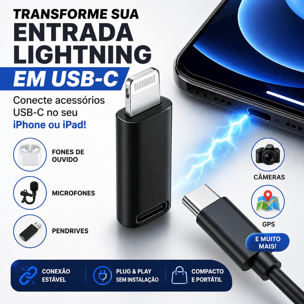 Adaptador USB C Para Lightning iPhone iPad Conversor USB Tipo C Fêmea Para Lightning Microfone Fone