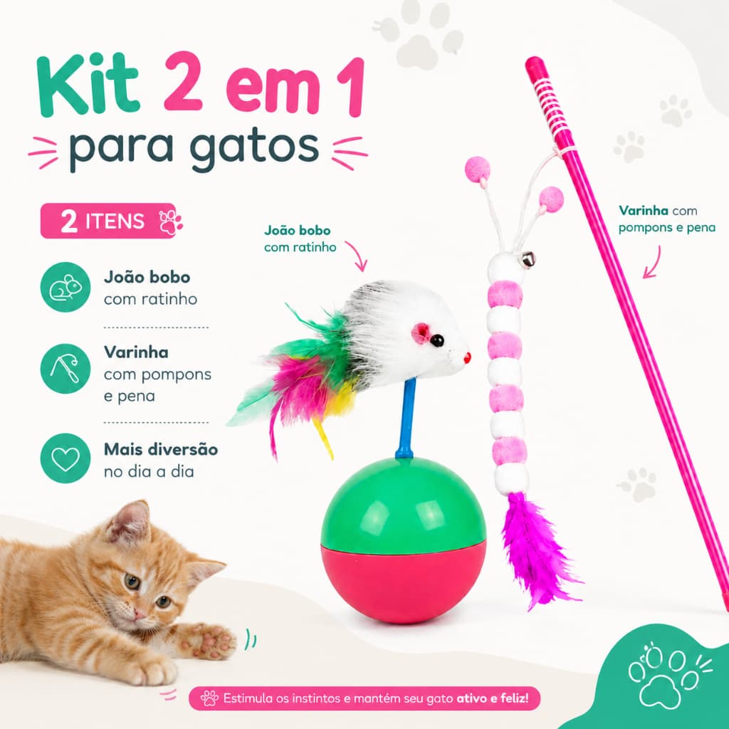 Kit Brinquedos para Gatos João Bobo Ratinho + Varinha Centopeia Interativa Pet