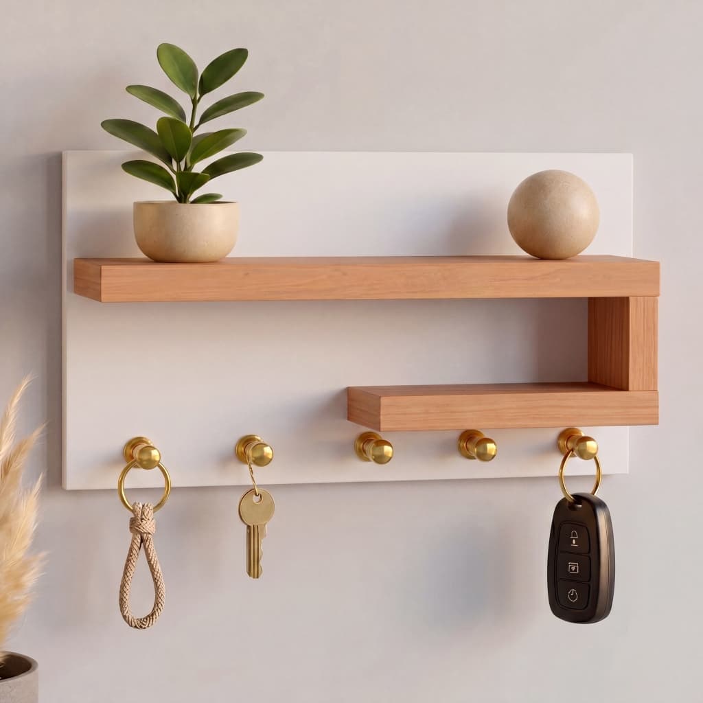 Porta Chaves Organizador com Prateleira Decorativa MDF Branco ou Peroba Rosa com Pinos Dourado/Prateado