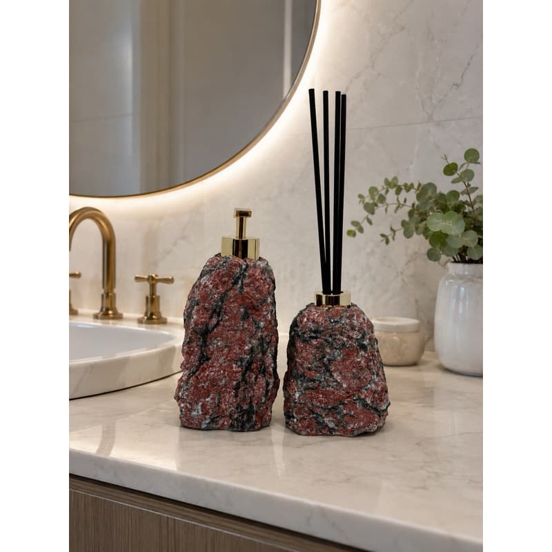 Kit Saboneteira de Difusor de Pedra Natural Granito Vermelho