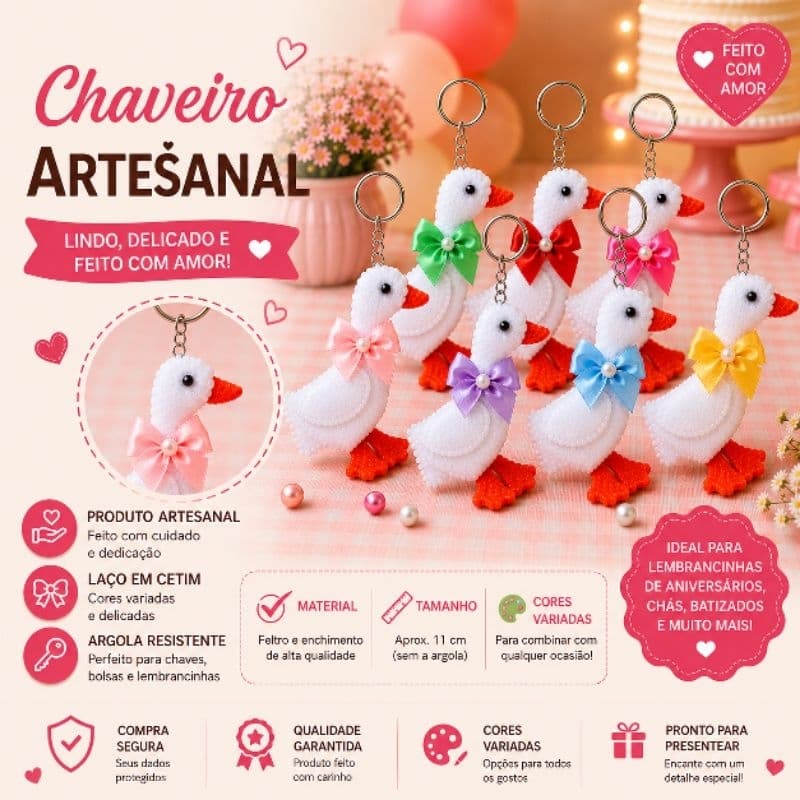 Chaveiro Gansinho em Feltro Chaveiro, Lembrancinhas aniversário, Chá revelação,Recém nascido, maternidade