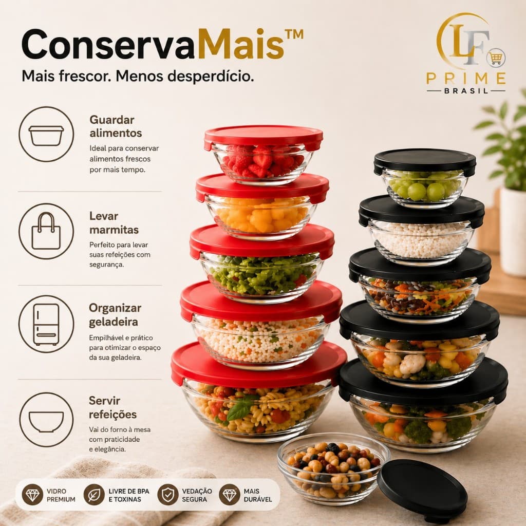 Kit Conjunto 5 Potes de Vidro Hermético Com Tampa Hermética Organizador Cozinha Conserva Alimentos