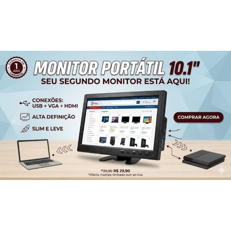 Tela Monitor Lcd 10.1 Colorida Controle Hdmi Vga Mp5 Av Usb