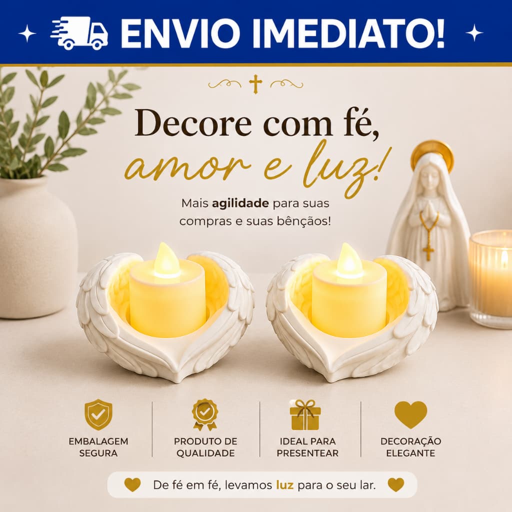 Porta Vela Asas de Anjo Coração Lembrancinha Batizado Casamento e Decoração Romântica Castiçal