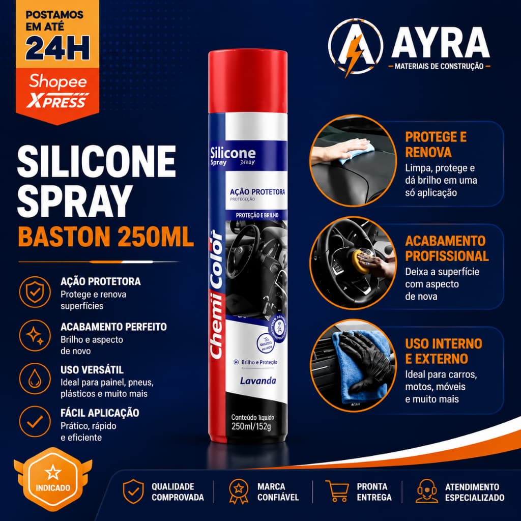 Silicone Spray Baston Lavanda 250ml | Brilho e Proteção para Painel, Borracha, Plásticos e Móveis