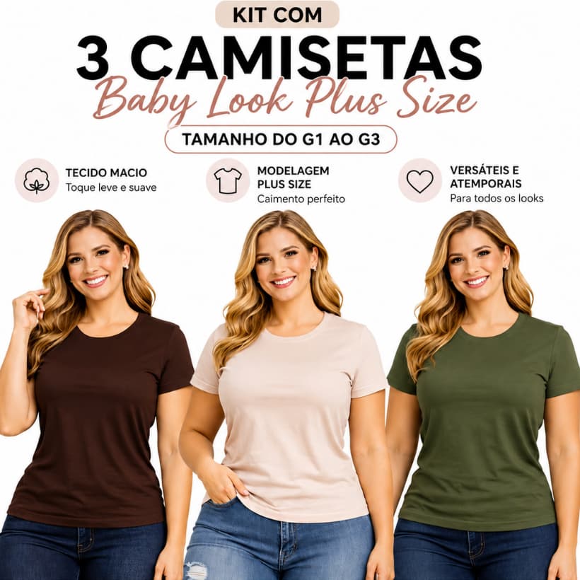 Kit 3 Camisetas Baby Look Feminina Plus Size G1 ao G3 100% Algodão Premium
