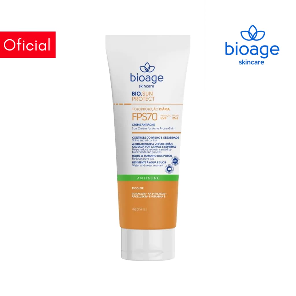 Bioage Protetor Solar Facial Gel-Creme Antiacne FPS 70 Incolor Reduz Acne e Poros 45g