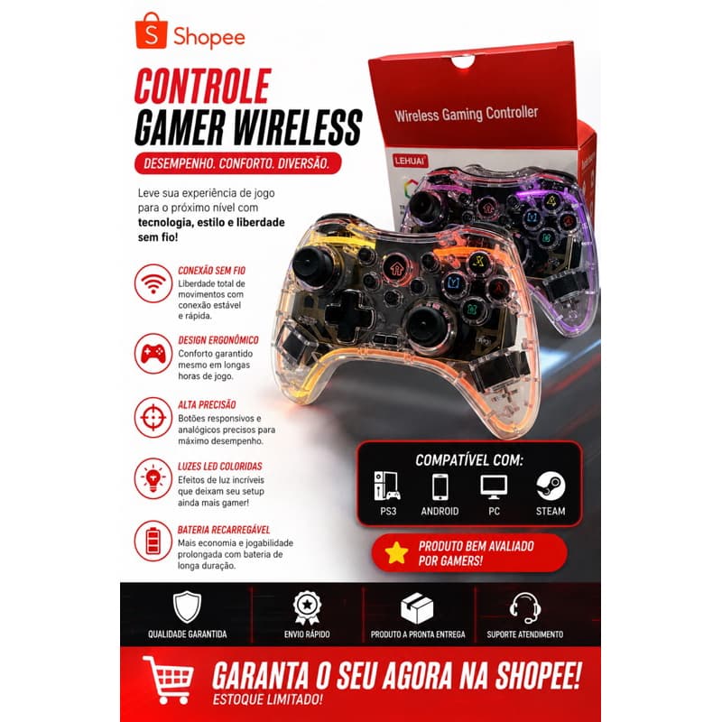 Controle Gamer Sem Fio RGB Transparente LEHUAI – Multiplataforma 🎮