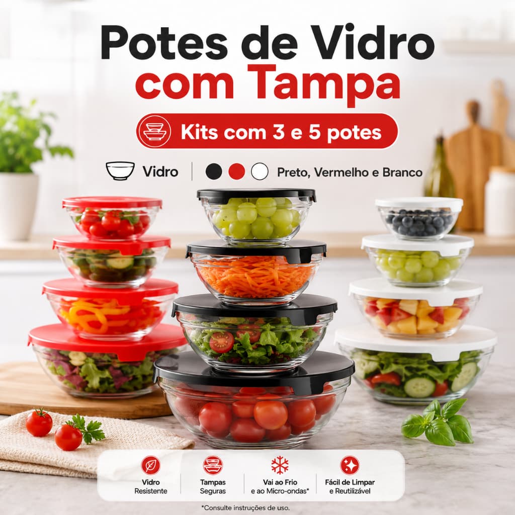 Pote Redondo com Tampa 5 Unidades Tigela Vidro Bowl Marmita