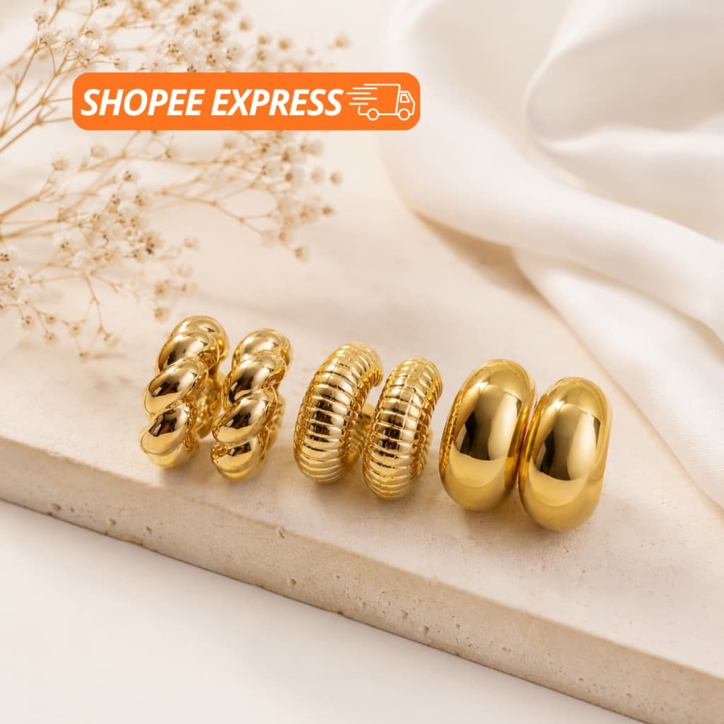 Kit Conjunto de 3 Pares de Brincos Femininos Brinco Dourado Acessórios Formato Argola e Gota