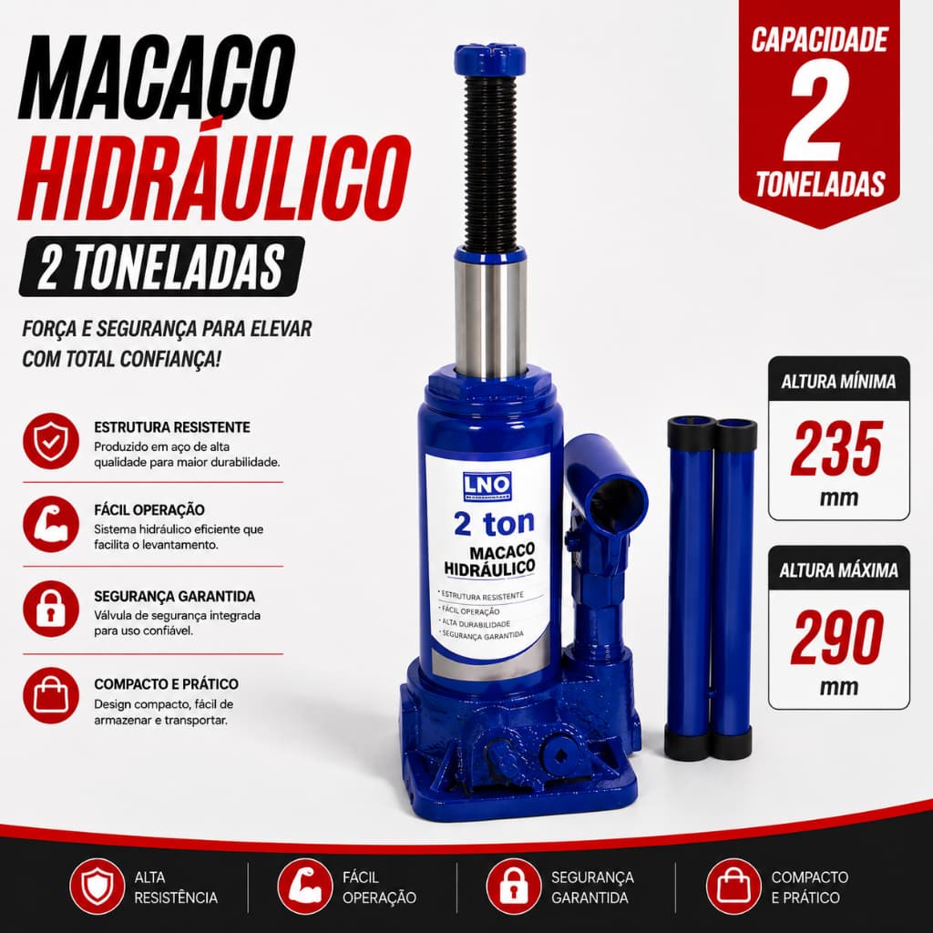 Macaco Hidráulico 2t Tipo Garrafa LNG Azul Original - Compacto, Resistente e Prático