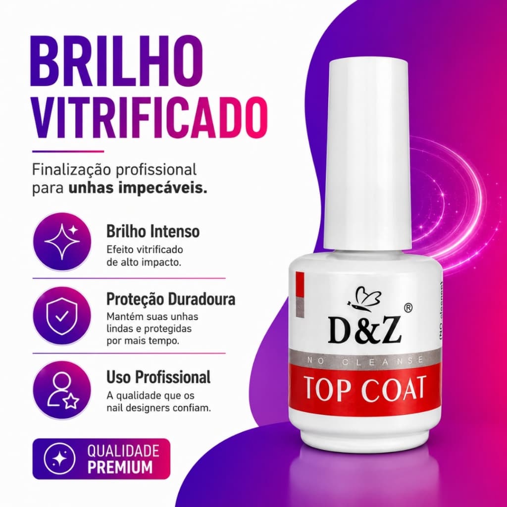 Top Coat Unha D&Z 15ml Brilho Intenso Profissional Finalizador Gel Proteção Duradoura