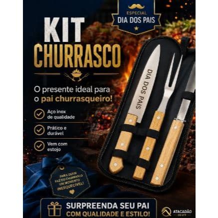 Kit Churrasco 3 Peças em Inox com Cabo de Madeira + Estojo | Faca, Garfo e Pegador Personalizado Dia dos Pais