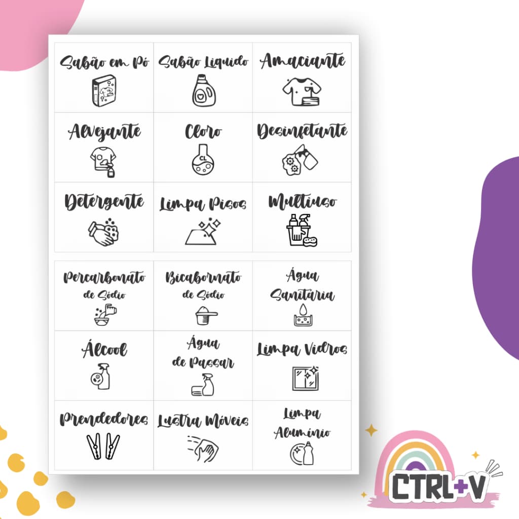 Kit 18 Etiquetas para Produtos de Limpeza e Lavanderia em Vinil  Adesivos para Organização  Transparente ou Branco