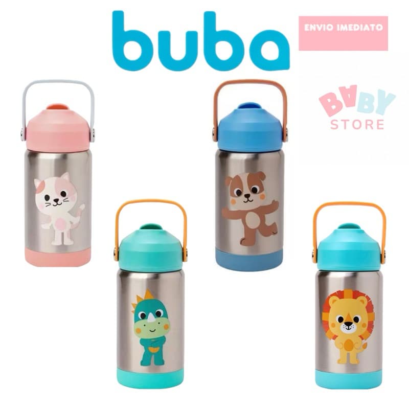 GARRAFA TERMICA PAREDE DUPLA COM CANUDO BUBA ZOO GATO DINO CACHORRO