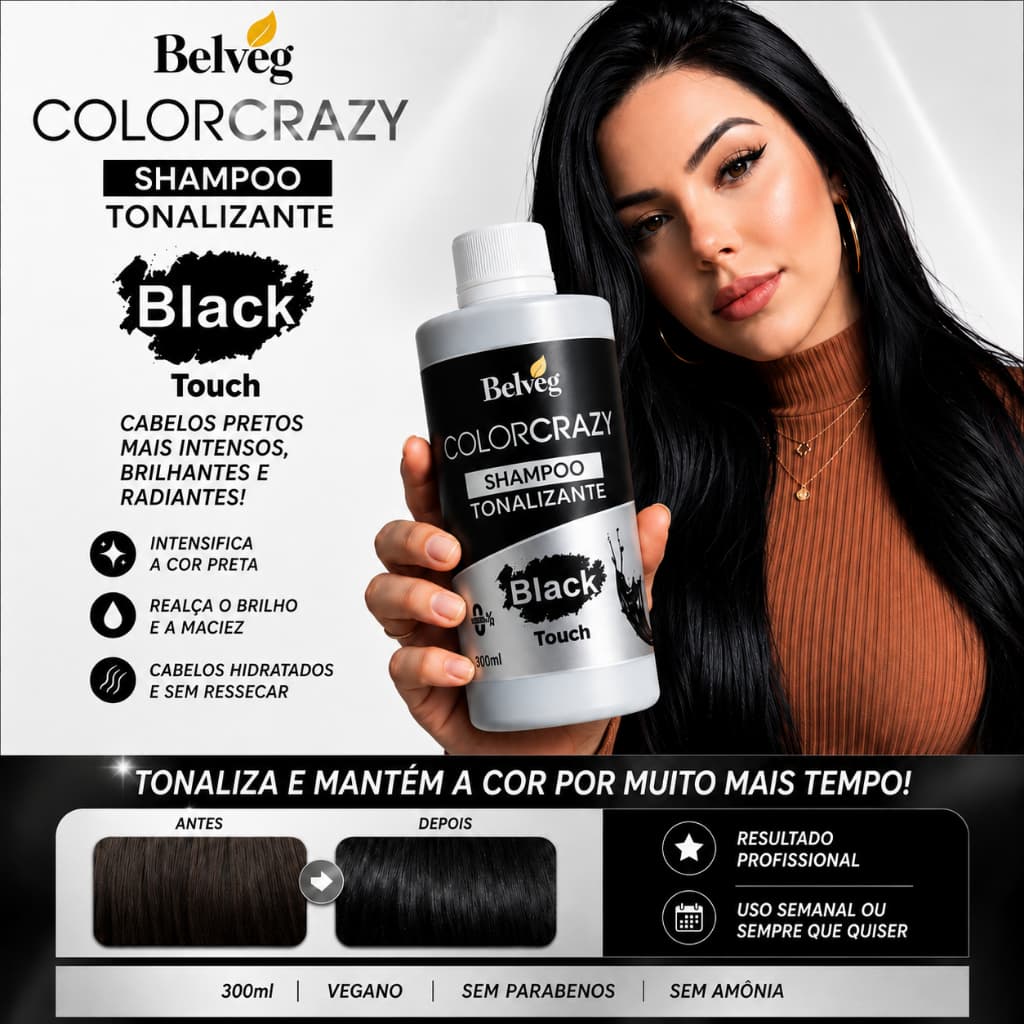Shampoo tonalizante preto, Belveg natural, escurecedor sem amônea, evidencia a cor, brilho iluminado. 300ml.