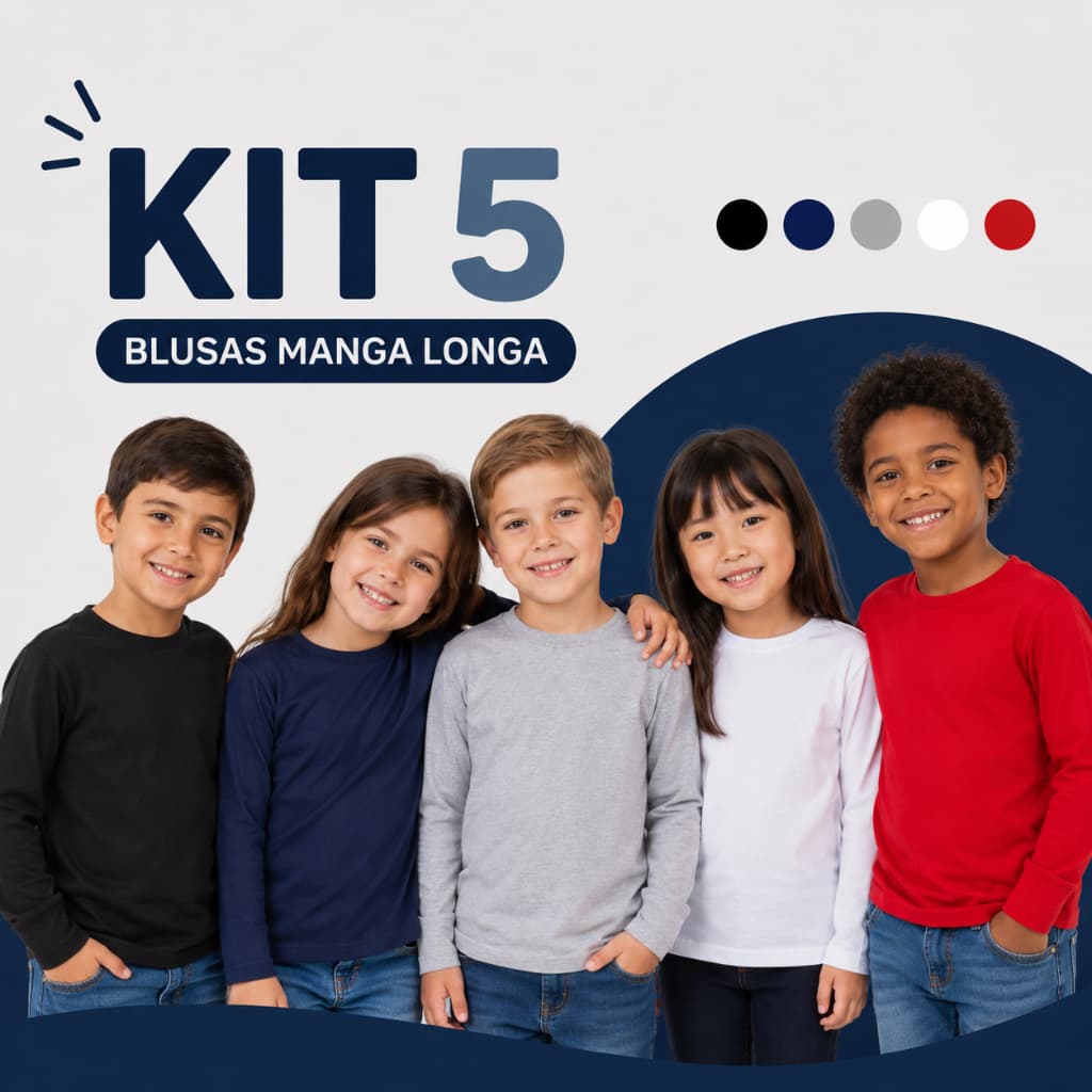 Kit 5 Blusas Infantil Manga Longa 100% Algodão Unissex Menino Menina Meia Malha