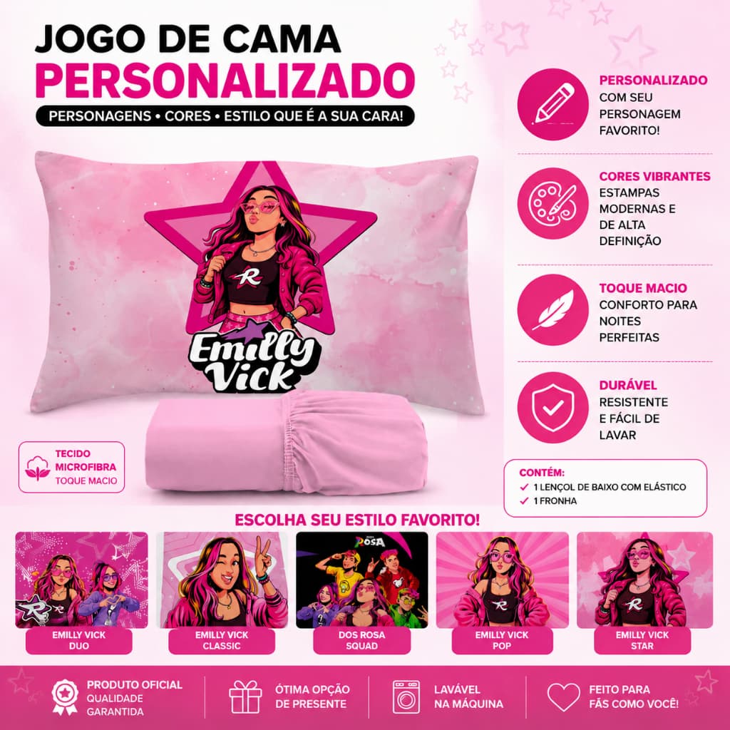 Jogo de Lençol 2 peças Solteiro Infantil Temático de Personagens dos Rosas Emilly Vick